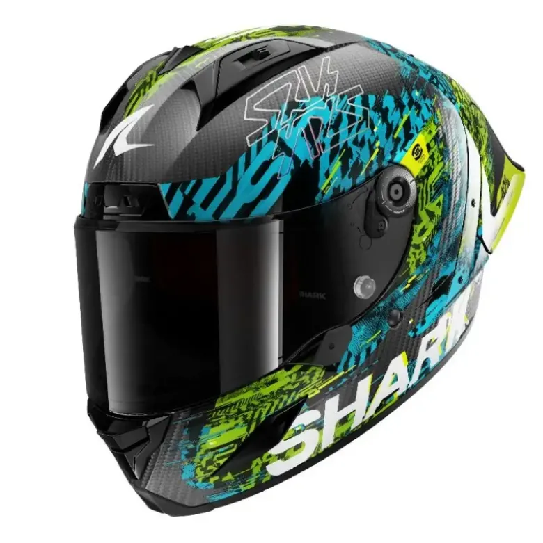 Casco Integrale Shark Aeron-Gp Fim Racing -2 Speed-Vib Carbon Blu Verde Lucido