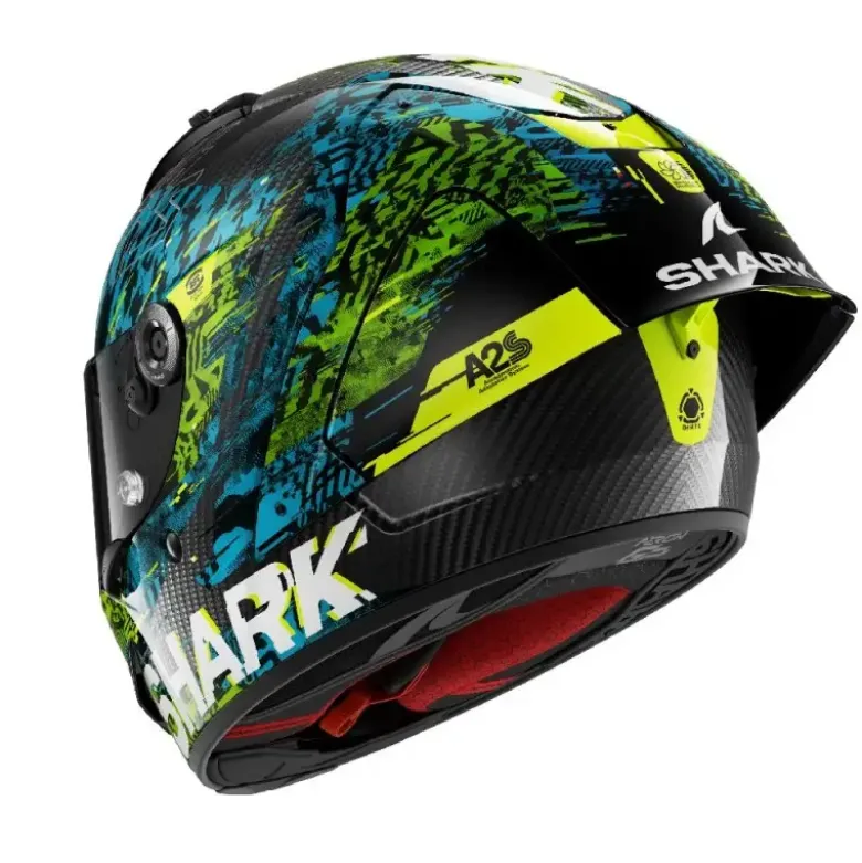 Casco Integrale Shark Aeron-Gp Fim Racing -2 Speed-Vib Carbon Blu Verde Lucido