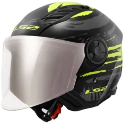Casco Jet Ls2 OF616 Airflow 2 Brush Nero Lucido H-V Giallo con Visiera Aggiuntiva